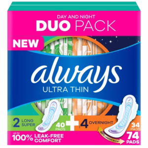 Băng Vệ Sinh Always Ultra Thin Pads Duo Pack Size 2 và Overnight Size 4 - Hộp 74 Miếng